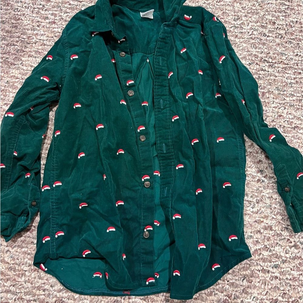 Gymboree Green Corduroy Shirt with Festive Santa hat Embroidery